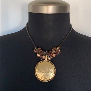 Vintage Gold Metal Hammered & Beaded Necklace With 2” Extender 19” Total Length